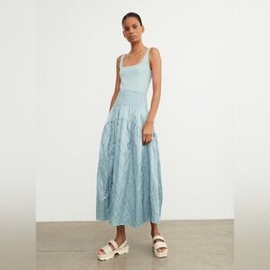 Vince Metallic Blue Smocked Tiered Skirt in blue size M
